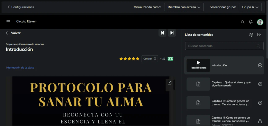 Captura de pantalla del interior de la plataforma educativa, mostrando los módulos del curso.