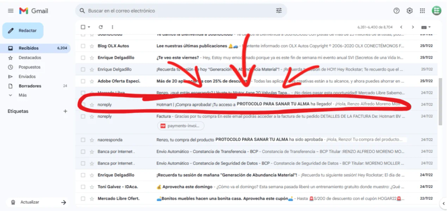 Captura de pantalla del correo de Hotmart que recibirás al completar tu compra.