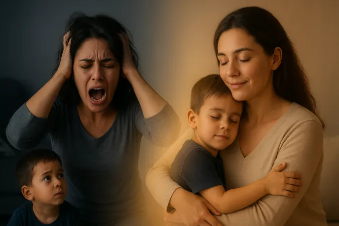 Mujer estresada con su hijo y mujer feliz abrazando a su hijo