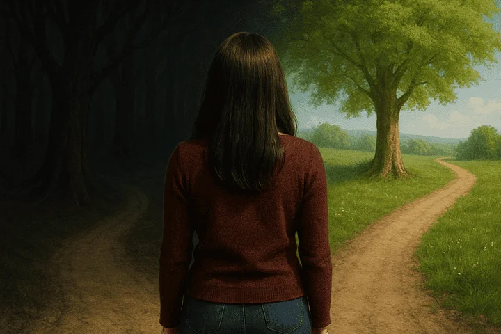 Ilustración de una persona en una encrucijada, eligiendo entre dos caminos.